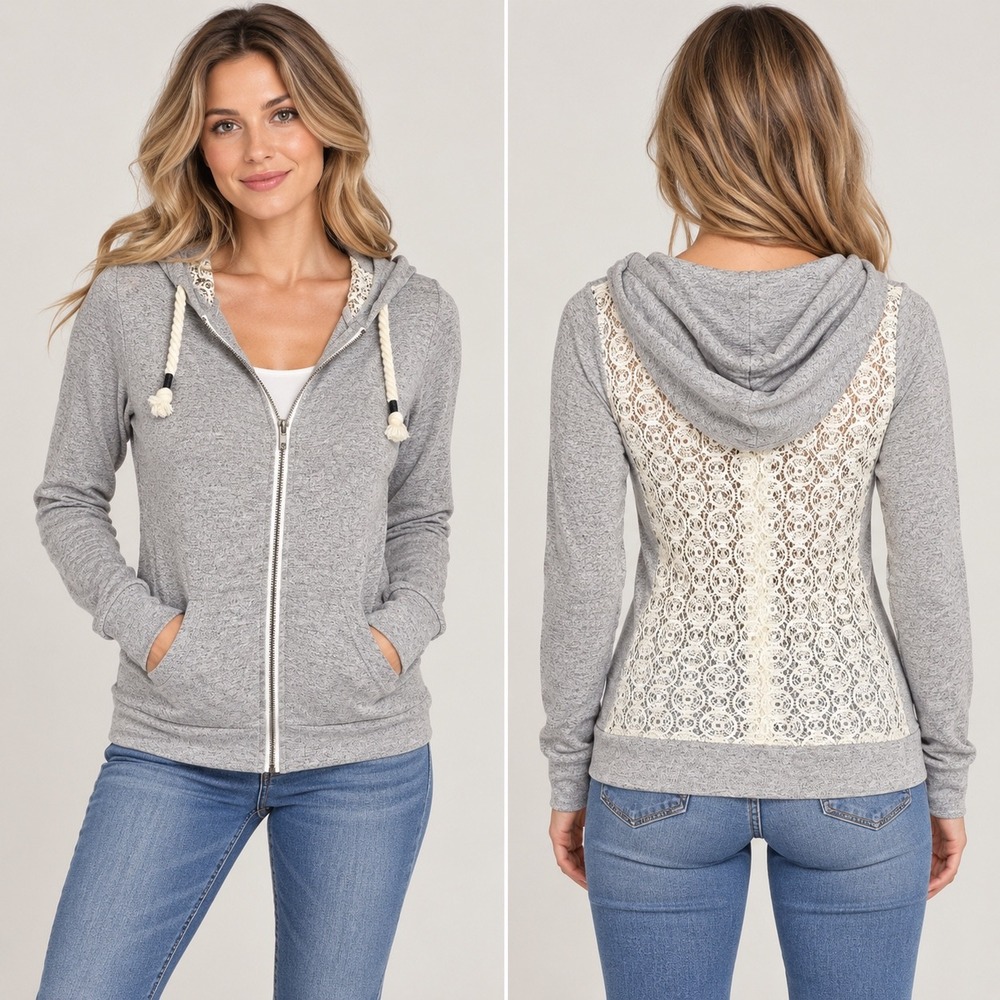 Chance or Fate Grey Heathered Zip Up Hoodie White Lace Back Small Boho Festival